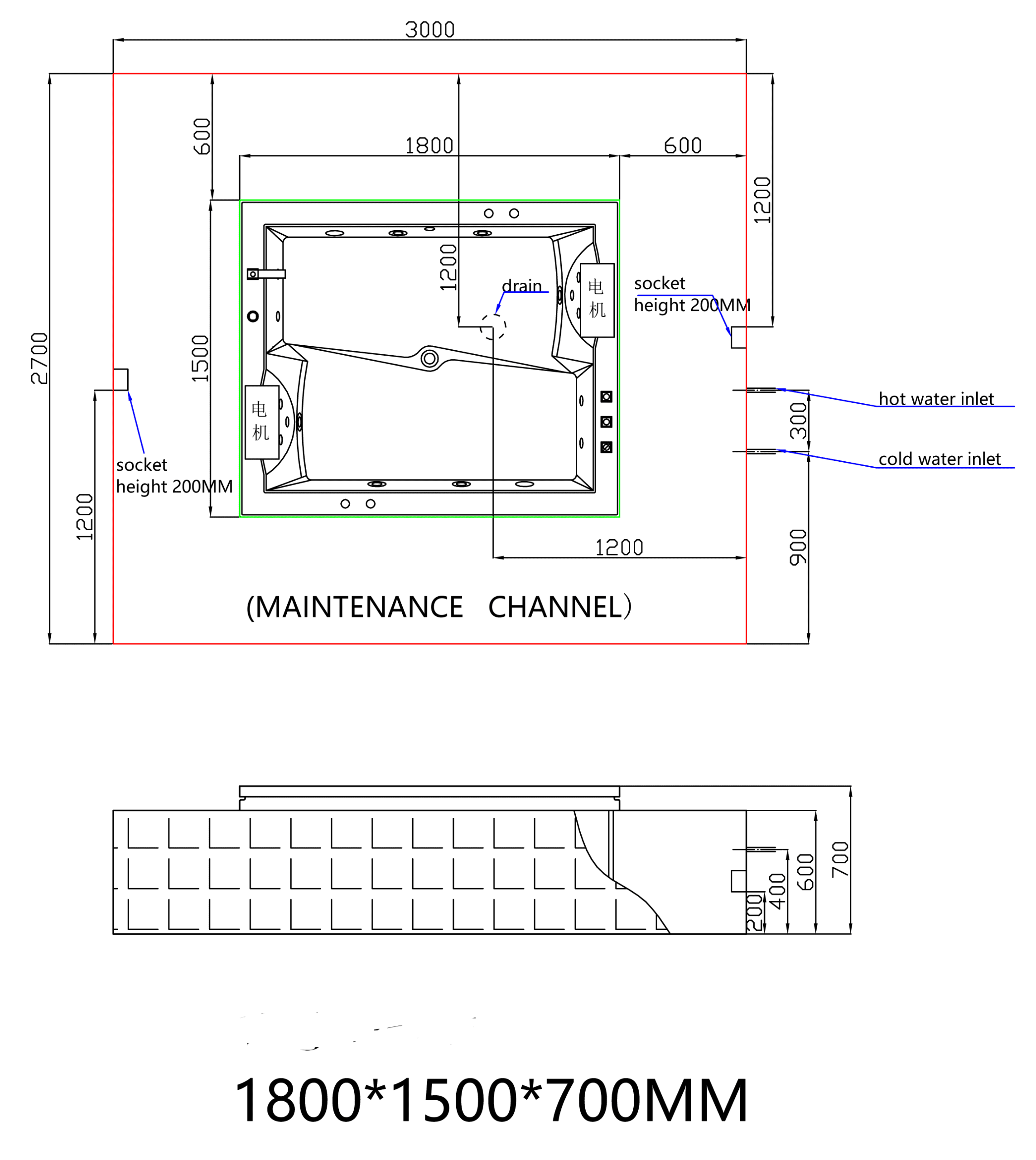 VASCA IDRO 502S, 1800 x 1500 x 700mm