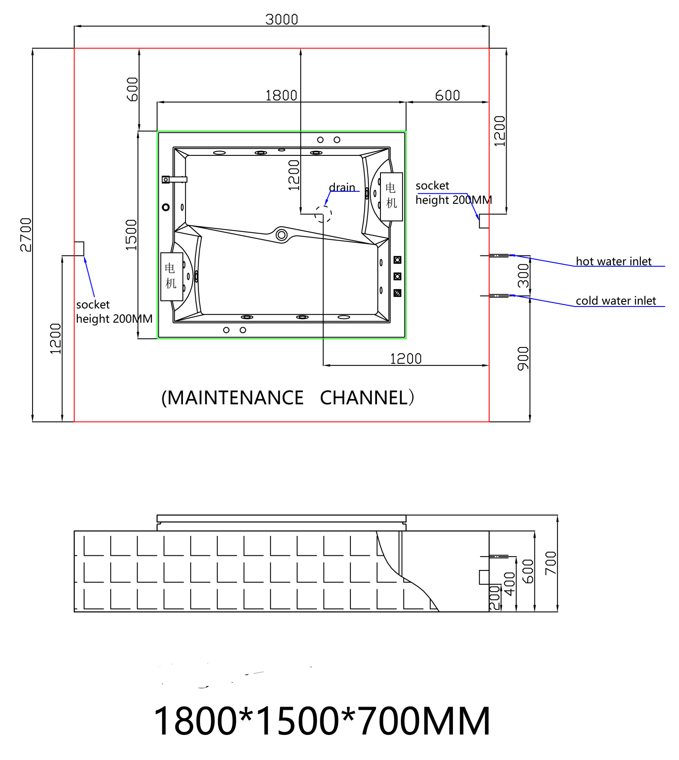 VASCA IDRO 502S, 1800 x 1500 x 700mm