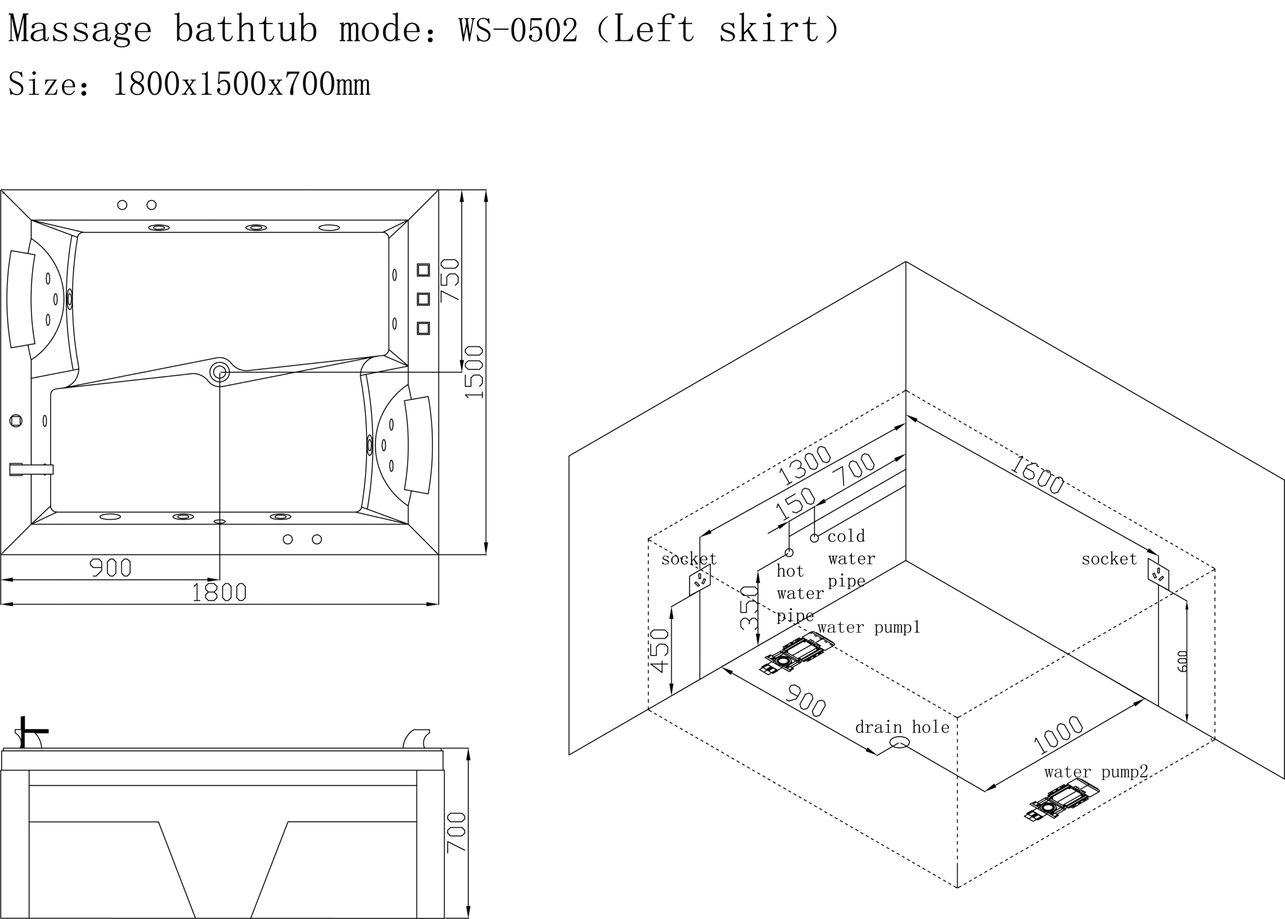 VASCA IDRO 502S, 1800 x 1500 x 700mm