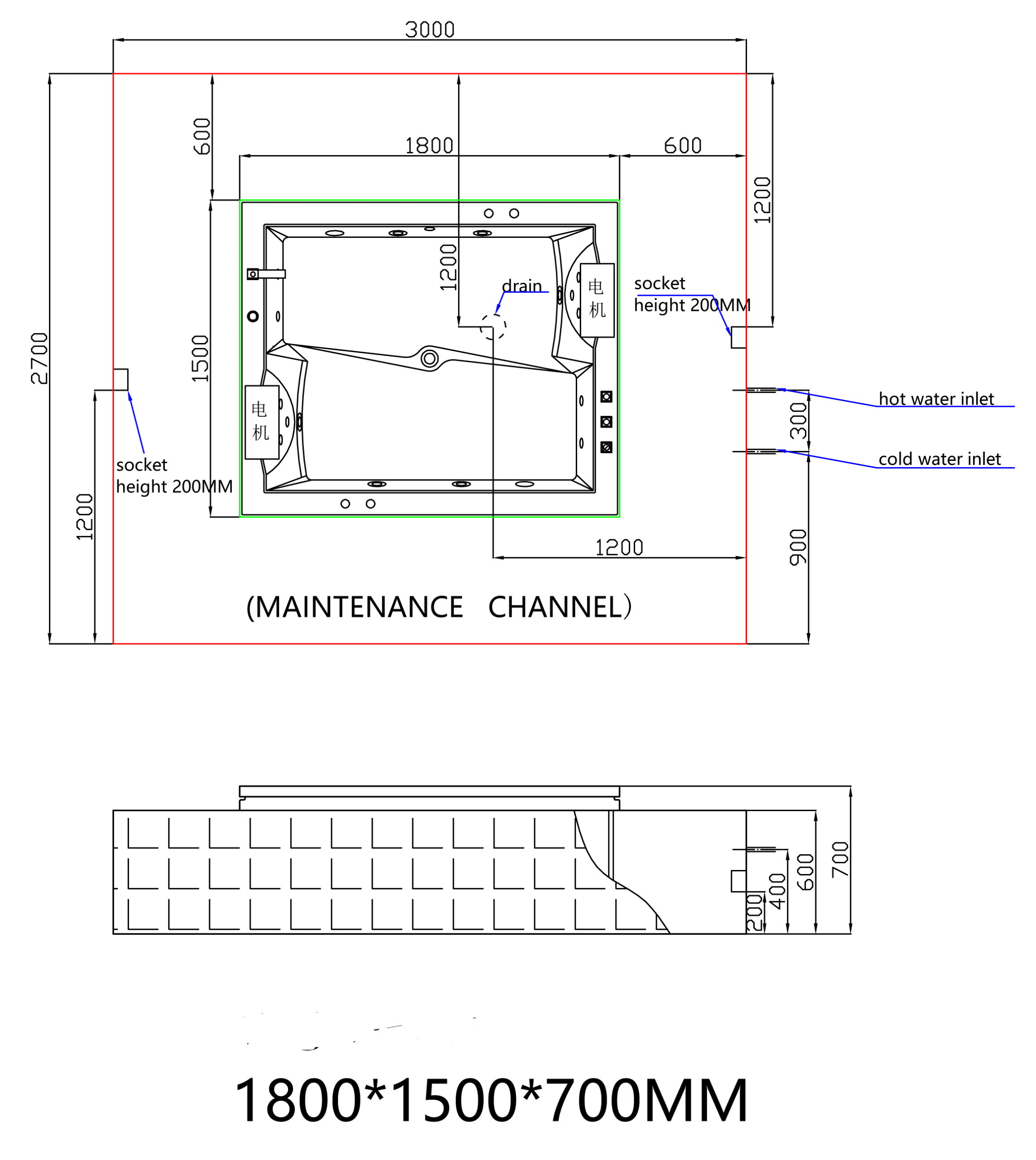 VASCA IDRO 502SAS, 1800 x 1500 x 700mm