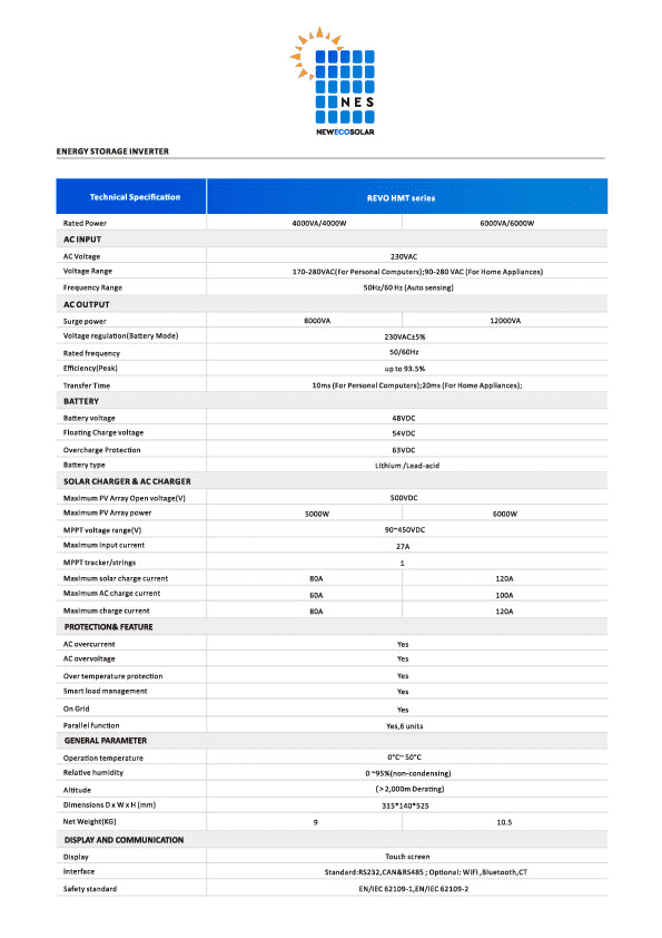 Revo HMT Series Hybrid On & Off Grid Energy Storage Soler Inverter 4-6KW