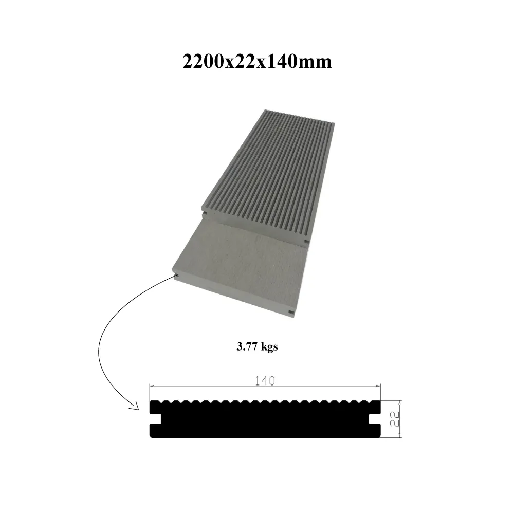 Elegante pavimentazione WPC grigia (140x22 mm) resistente agli insetti, decking in composito legno-plastica.