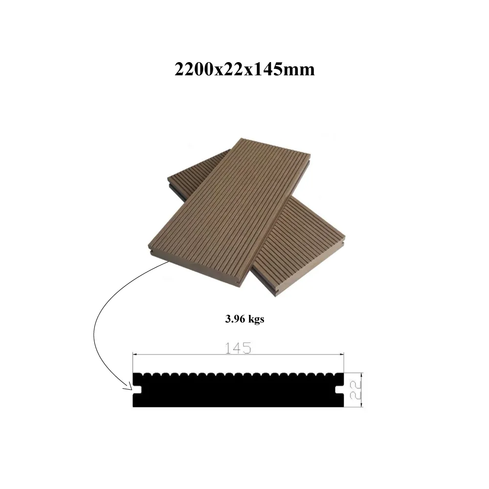 Pavimentazione WPC per terrazze dal design moderno (145x22 mm), ideale per uso commerciale o domestico.