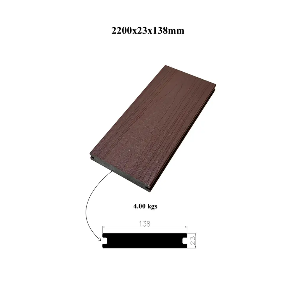 Pavimentazione in WPC 138x23mm antiscivolo, coestrusa, in legno plastico composito con struttura cava