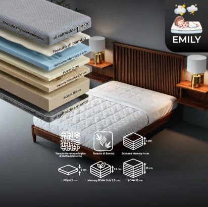 Emily Bamboo, sfoderabile,il Top dei materassi foam e memory 7, 3cm, 9 zone, 25 cm totali, durezza 5.