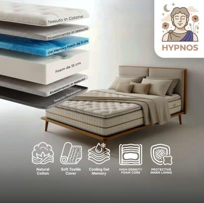 Hypnos Cotone BIO,15CM Foam naturale + 5 cm memory, totale 21 cm, Durezza Lev.5.. 9 Zone