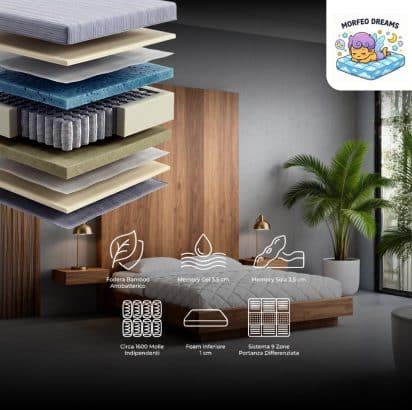 Morfeo nanotech 1600 molle + 7,5 memory gel e soia, 25 cm totali, boxato, sfoderabile, durezza 5,